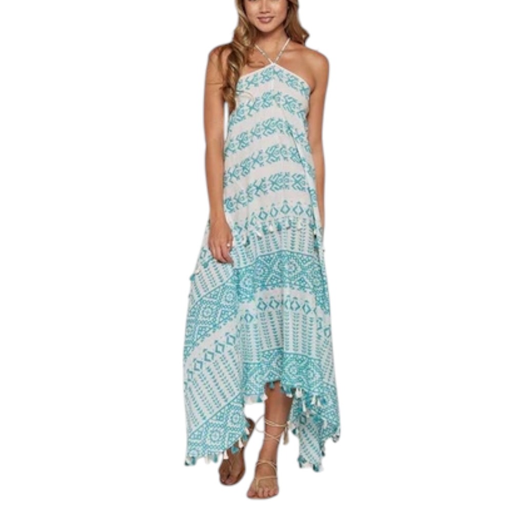 Lovestitch Moroccan Aqua Scarf Maxi Dress Womens S/M Geometric Tassel Trim Boho